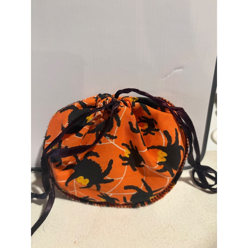 Handmade Halloween Spider Web Drawstring Pouch Orange Black Dice Bag Trinket Bag